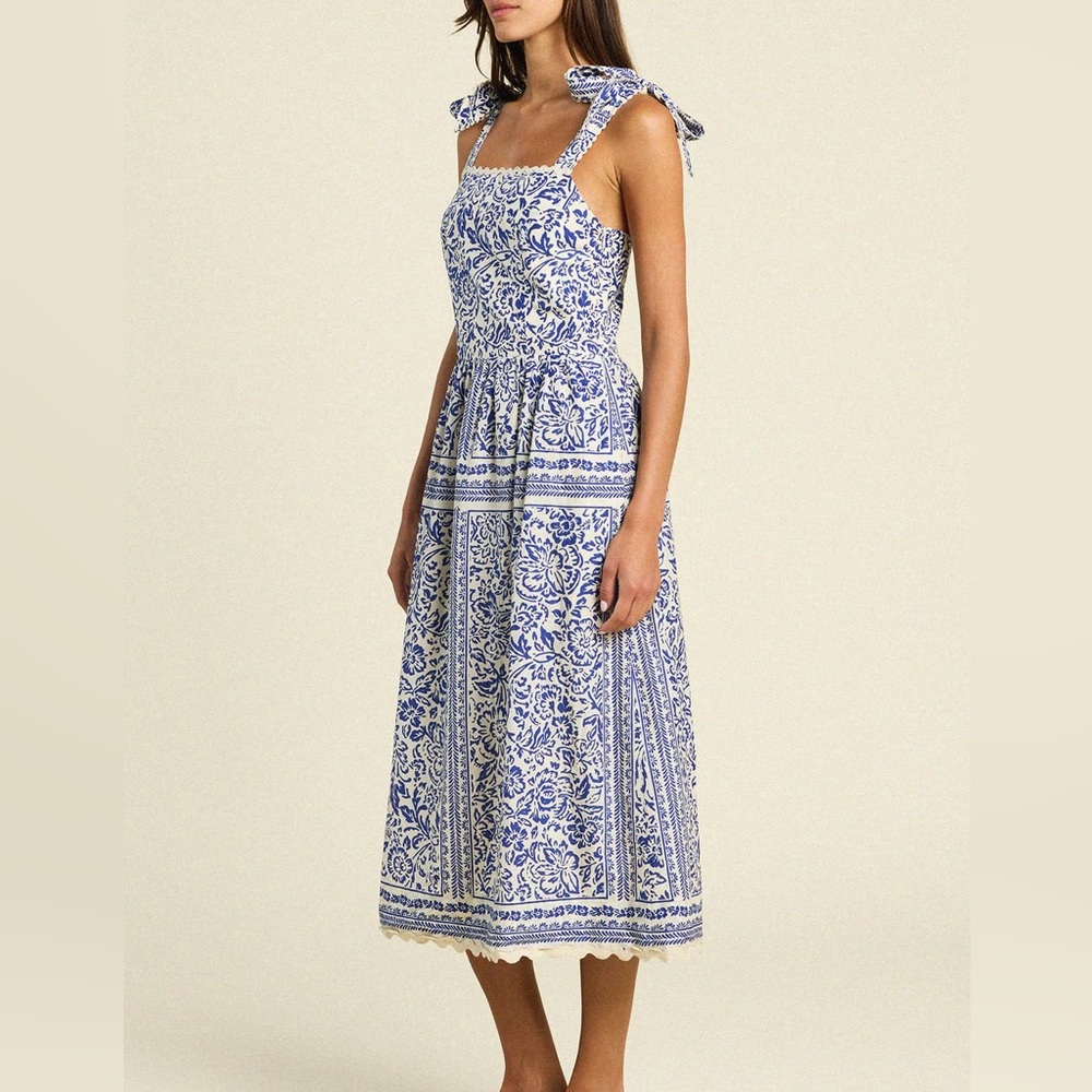 NWT $422 Sz XS By Trovota Birds of Paradis Blue White Alessia Midi Dress